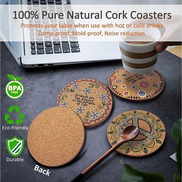 Boho Hippie Set of Four Cork Coasters. NIP - Picture 2 of 5